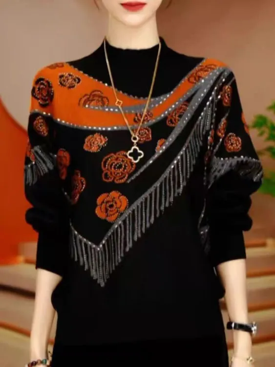 时尚半高领印花双面绒打底衫女秋冬新款气质妈妈百搭显瘦上衣加厚