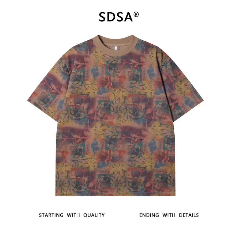 夏季高级感新款男士抽象多彩图案圆领短袖T恤百搭宽松重磅上衣