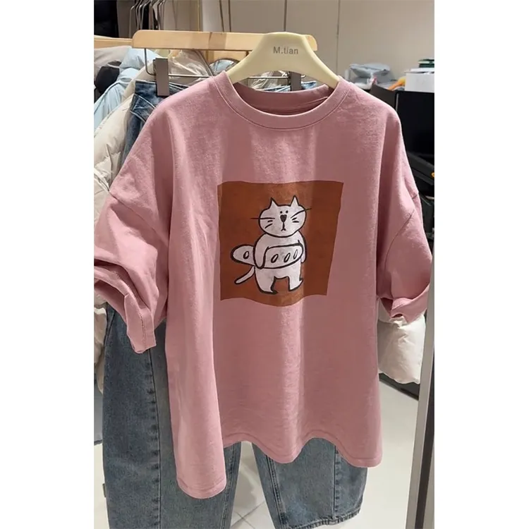 萱贝纯时尚印花卡通猫圆领短袖2026春季新款设计感百搭显瘦T恤衫
