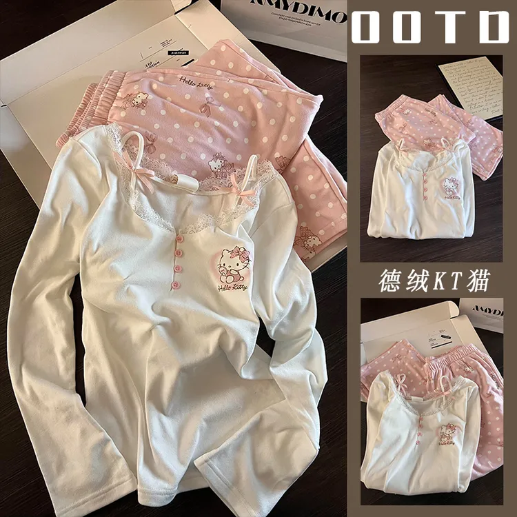 德绒保暖KT猫长袖睡衣女春秋季甜美韩系卡通学生可外穿家居服套装