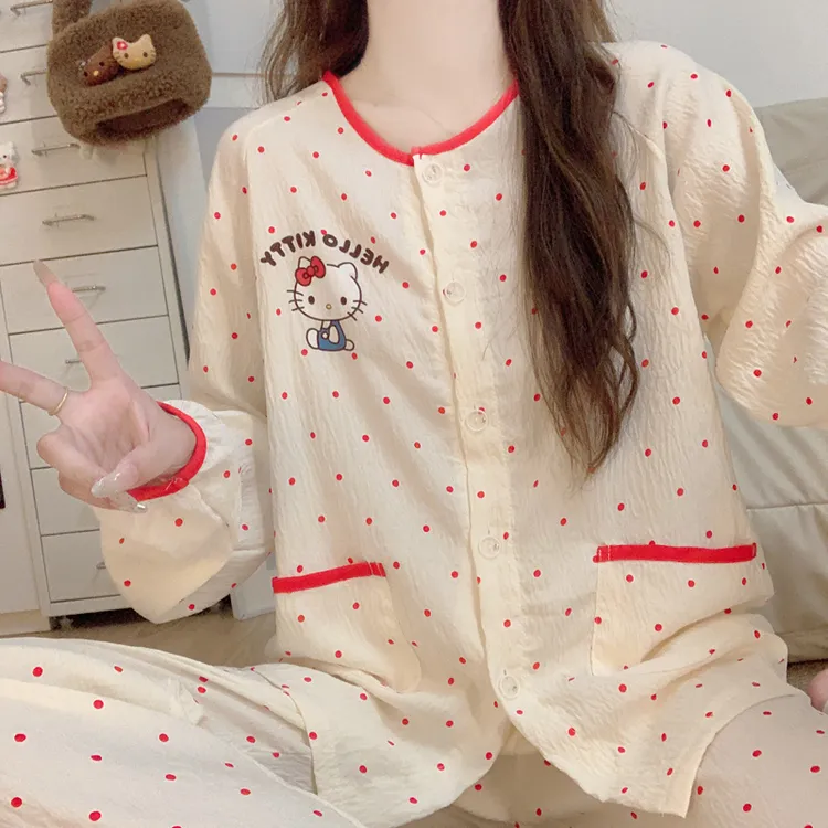 ins波点长袖亲肤棉纱睡衣女2025新款春秋季卡通kitty家居服套装夏