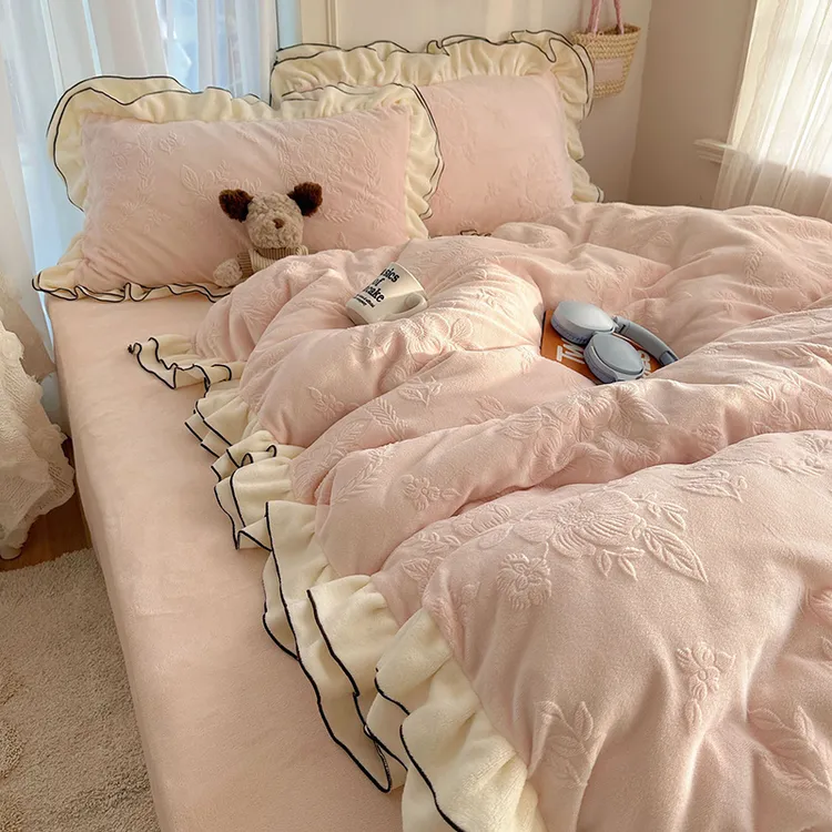 韩版ins雕花牛奶绒四件套A类双面绒被套网红毛绒床单床上加厚床笠