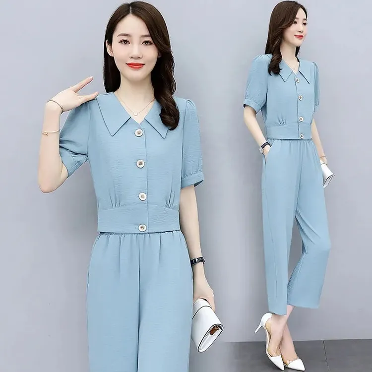 时尚套装减龄宽松洋气上衣女装雪纺衫九分小个子夏季