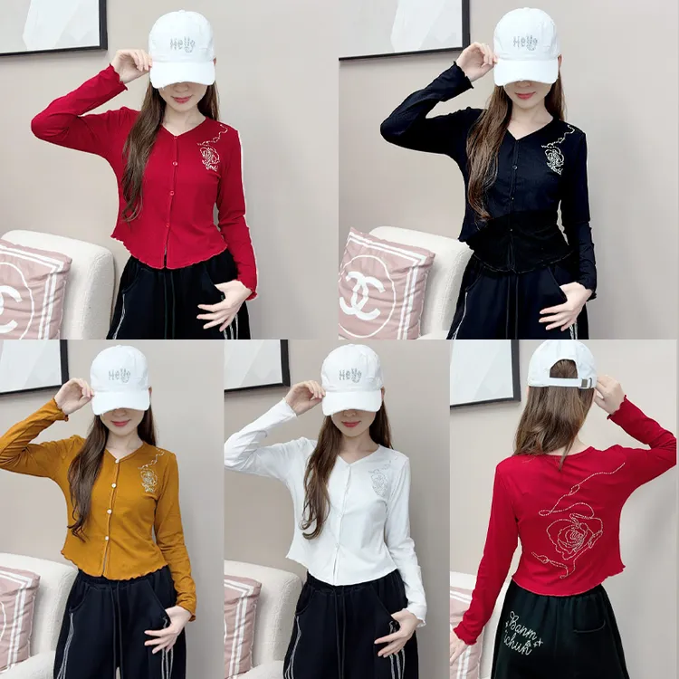 纤伽【高品质/玫瑰闪钻】新品开衫长袖辣妹玫瑰烫钻修身上衣秋冬