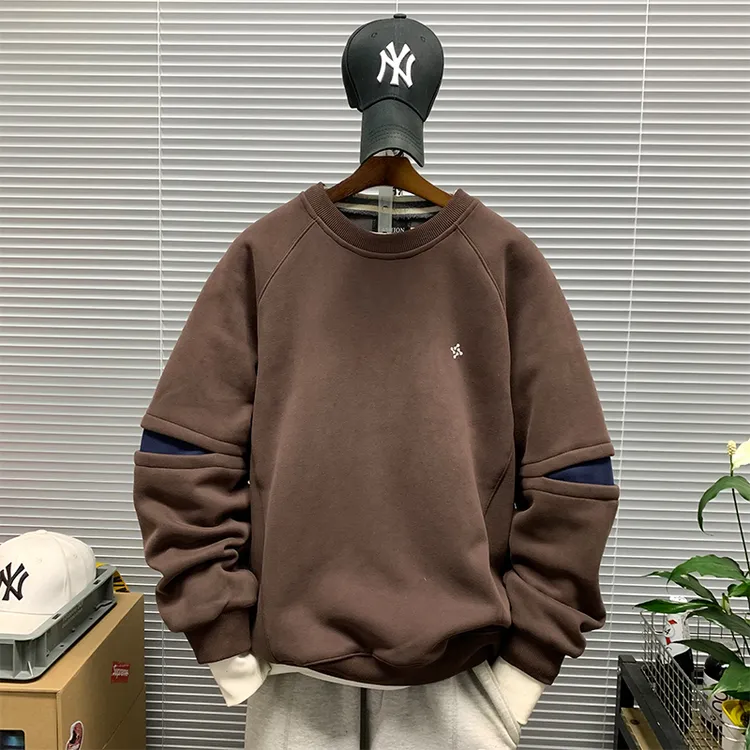 秋冬新款圆领重磅裁剪加绒加厚保暖卫衣外套男款休闲宽松百搭上衣