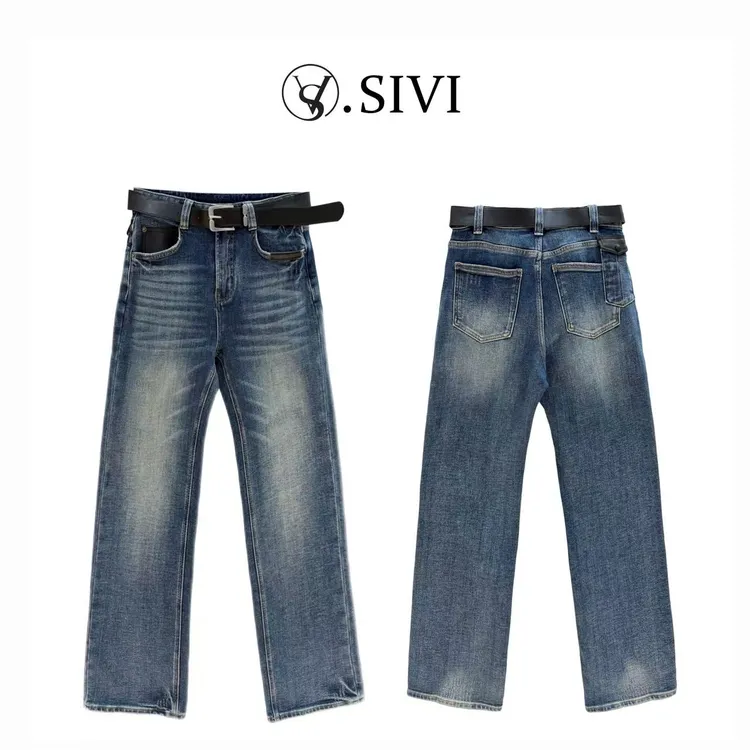 熙薇【百搭基石】2025冬季新款显瘦加绒直筒窄版牛仔裤H6654