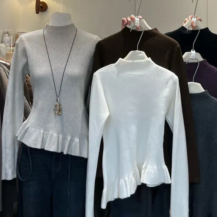 不规则半高领针织衫女2025冬装新款气质长袖修身显瘦打底衫上衣