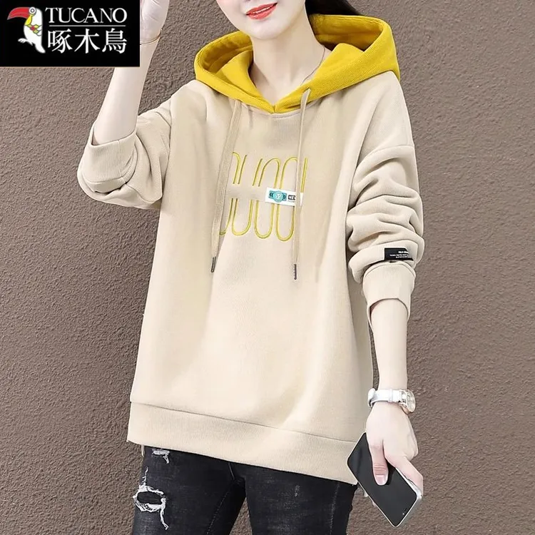 啄木鸟爆款2025秋冬加绒加厚卫衣女新款洋气宽松连帽拼色上衣外套