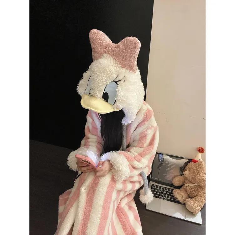 软萌甜美可爱鸭鸭保暖半边绒睡衣女秋冬季新款加绒加厚睡袍家居服