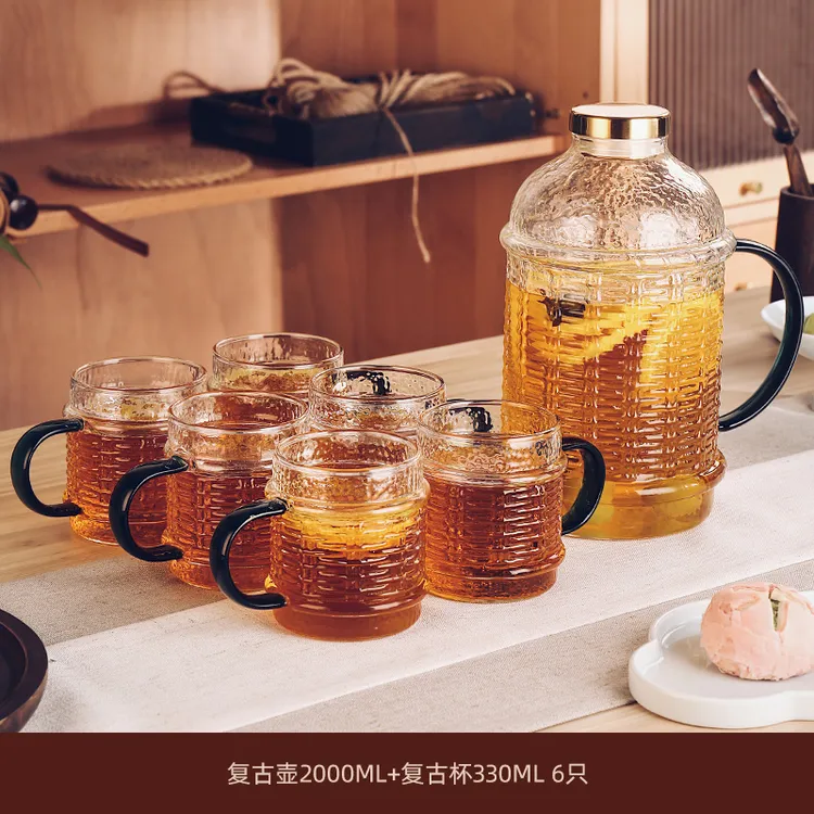 复古冷水壶玻璃耐高温家用大容量装白开水夏天凉水杯茶壶套装水瓶