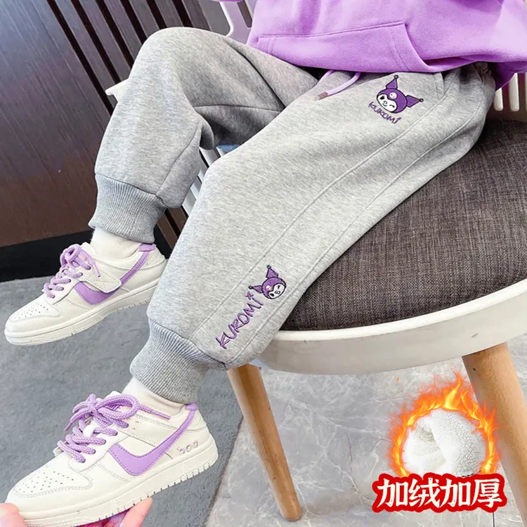 儿童裤子加绒男女童卡通2025新款库洛米刺绣宽松裤学生外穿长裤子