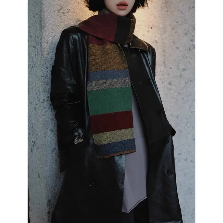 法式彩色条纹针织披肩外搭女秋冬季休闲百搭保暖护颈两用彩虹围巾