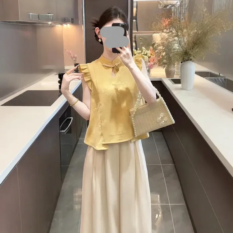 新中式女装黄色空盘扣小飞袖印花旗袍上衣夏季高级感百搭国风小衫