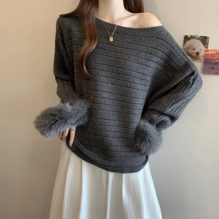 2025秋冬新款斜肩独特高级感针织衫毛衣女胖妹妹显瘦小众个性上衣