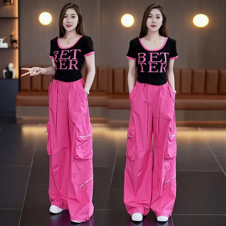 2025夏季新款女士多巴胺洋气工装裤时髦短袖上衣运动休闲服两件套