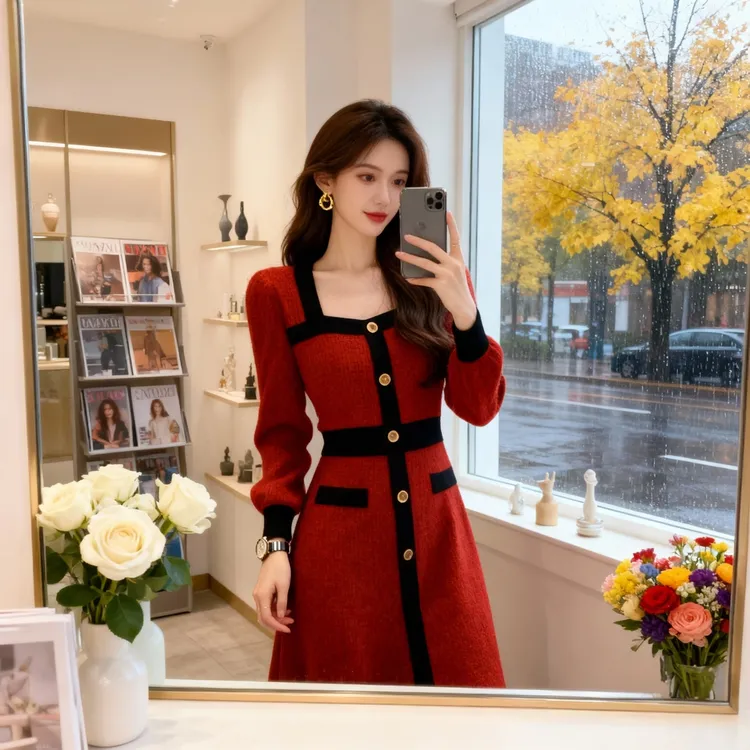 韩国轻奢名媛风圣诞敬酒红色针织毛衣连衣裙女秋冬小香风打底长裙