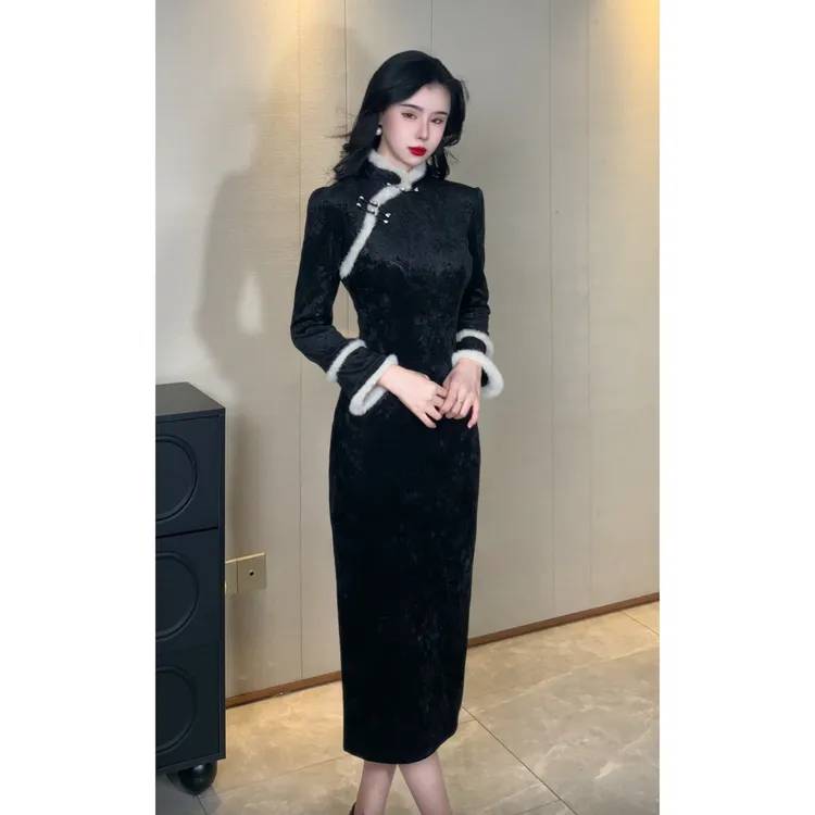 【澜心】玉簪记冬季新款加绒旗袍国风气质优雅显瘦旗袍连衣裙125cm