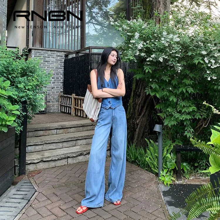 RNBN新款冰感莱赛尔高腰显瘦阔腿裤复古宽松垂感百搭牛仔裤