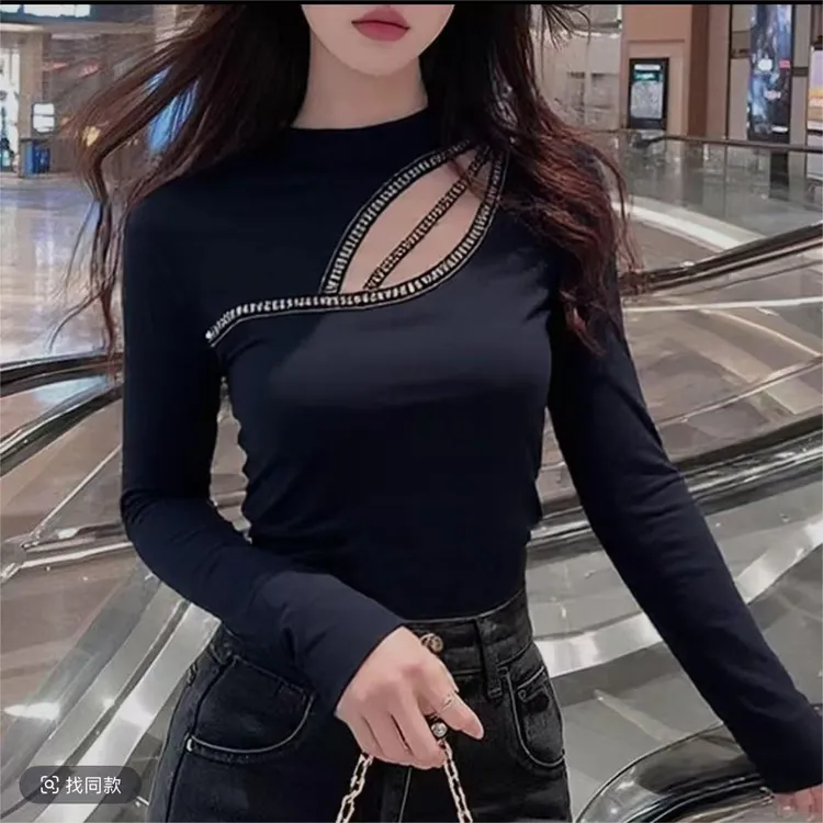 镂空烫钻气质长袖T恤设计感打底衫洋气百搭上衣显瘦半高领修身