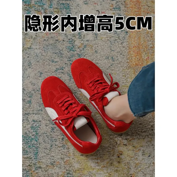 内增高5厘米大红色德训鞋女小个子圆头阿甘鞋运动旅游休闲鞋