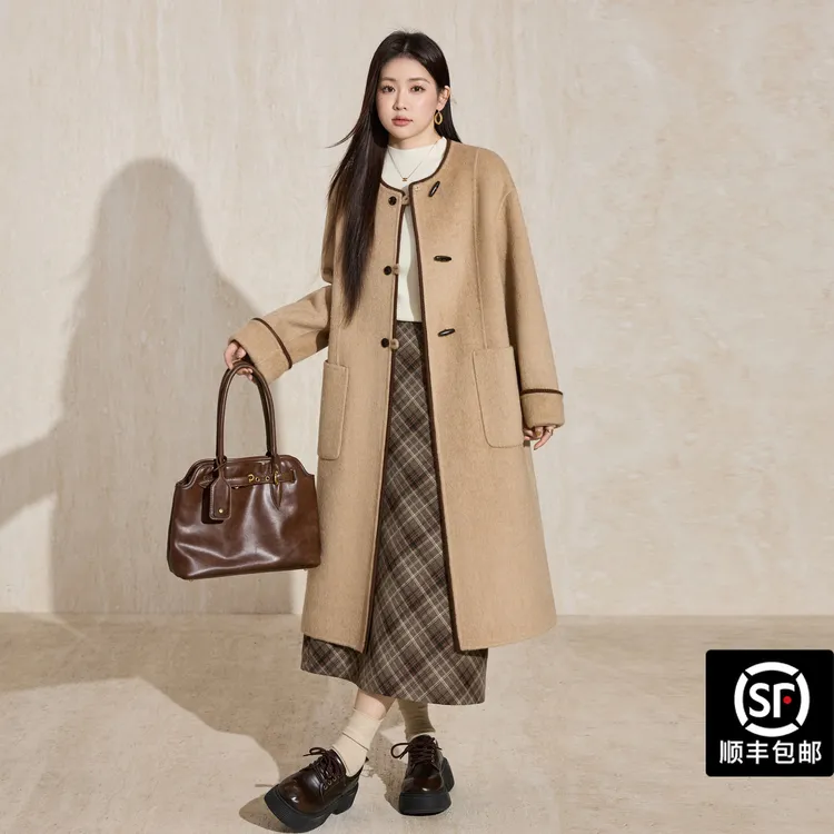 蓝语大码韩系圆领牛角扣毛呢外套女2025秋冬新款中长裤双面呢大衣