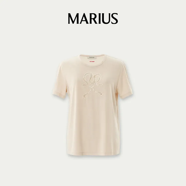 MARIUS“软软T”短袖蝴蝶芭蕾刺绣印花纯色松身T恤针织女士夏季
