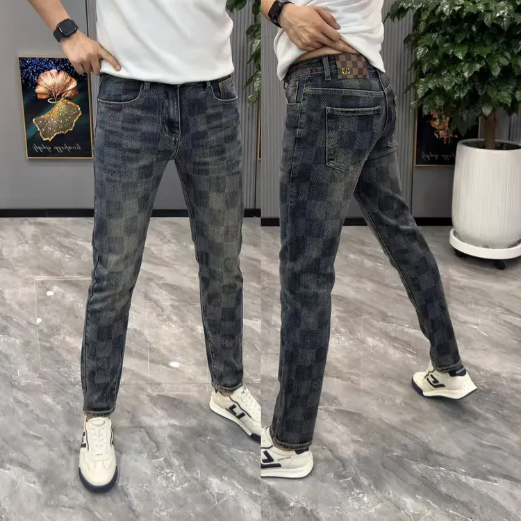牛仔裤男秋季弹力舒适格子拼接长裤男修身百搭显瘦时尚男士小脚裤