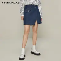 【丽公主】蓝色高腰V型开叉短裙新款设计感牛仔料半身裙M210360