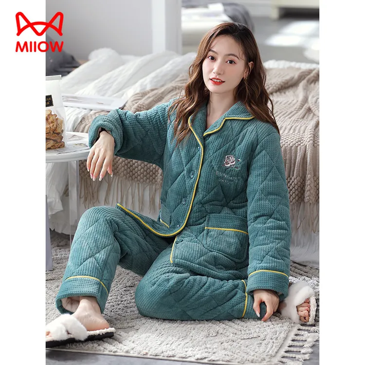 猫人冬季睡衣女士珊瑚绒三层夹棉冬天加绒加厚冬款保暖家居服套装