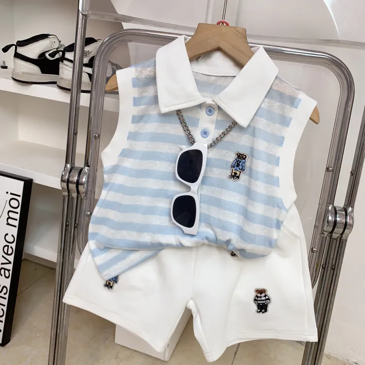 儿童薄款条纹Polo套装男童夏款韩系无袖Polo衫短袖两件套韩版帅气