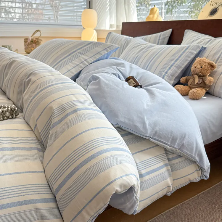 简约ins风条纹家用床上四件套纯棉100%全棉被套床单床笠四季通用