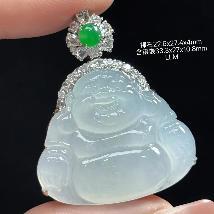 18K金镶嵌缅甸天然翡翠A货白冰佛公吊坠LLM（下单咨询客服）