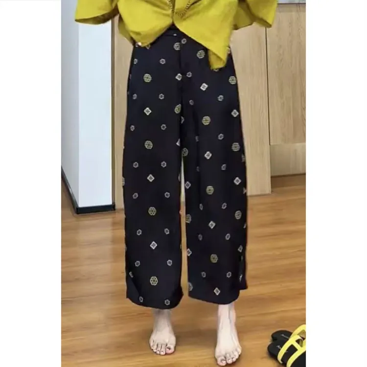 艾塔莉极简风薄款夏季高腰减龄休闲裤时尚个性小众印花修身女显瘦