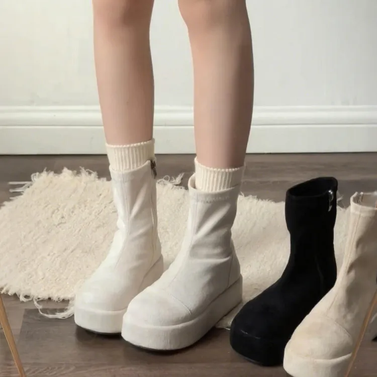 复古短筒绒面弹力瘦瘦靴女2025新款秋季百搭厚底增高英伦风马丁靴