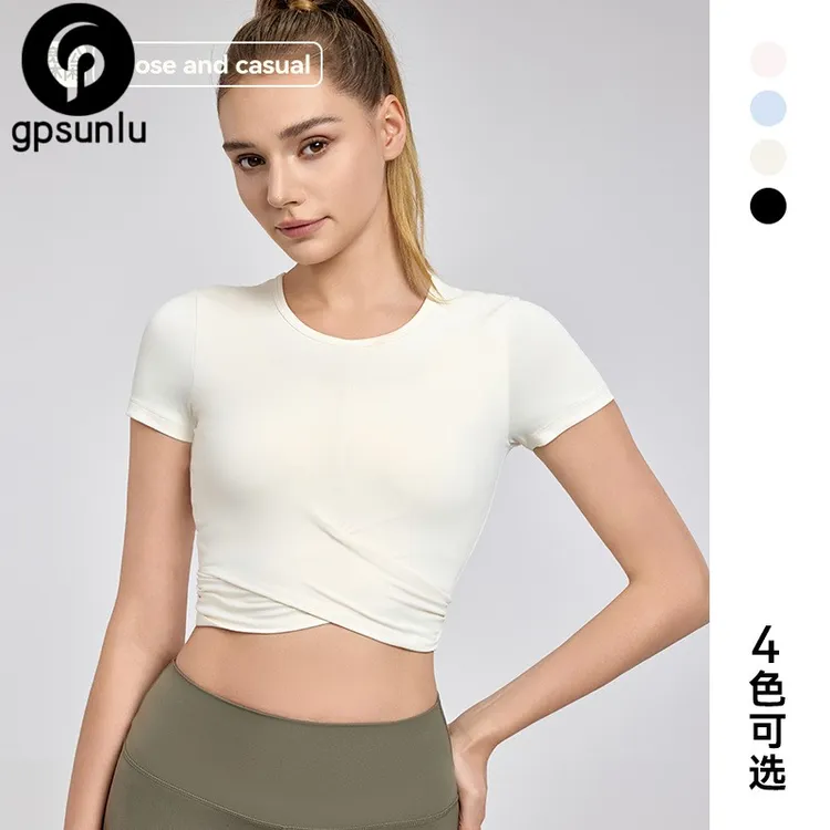 GPSUNLU交叉褶皱瑜伽服上衣设计感修身显瘦短款运动t恤女时尚健身
