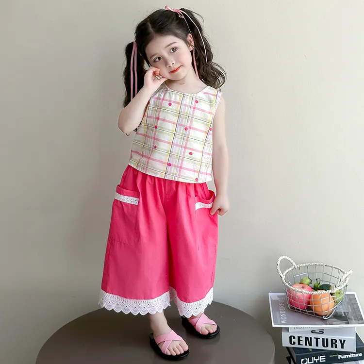 女童夏季甜美格纹蝴蝶结套装2025新款儿童洋气女宝宝休闲两件套潮