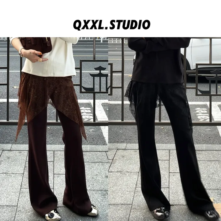 邱小小丽呀 冬季新款设计感拼蕾丝屁帘裤修身显瘦百搭休闲微喇裤