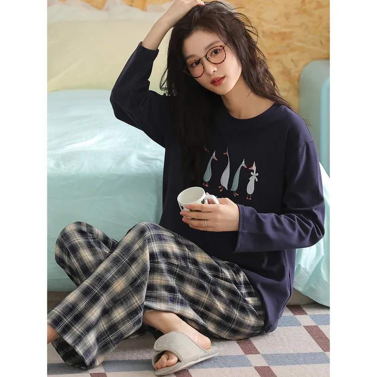 卡之恋睡衣秋女款2025新款冬季长袖蓝色纯棉加厚格子裤女生家居服