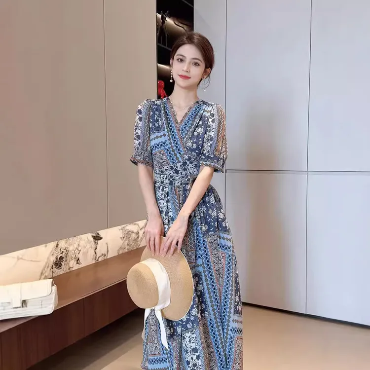 印花中长款法式新款字裙领显瘦民族风短袖开叉淑女复古夏春秋