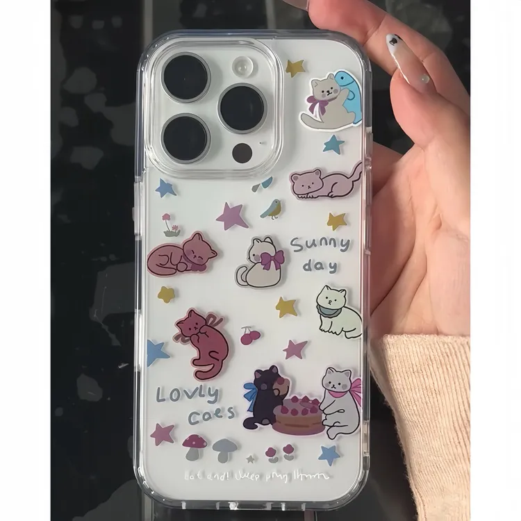 蛋糕猫咪适用iPhone16带相机触控保护按键透明手机壳16Promax防摔
