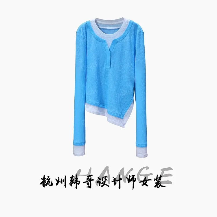 【韩哥女装】小众设计师翠蓝撞色拼接拼接不规则下摆爽肤衣8656