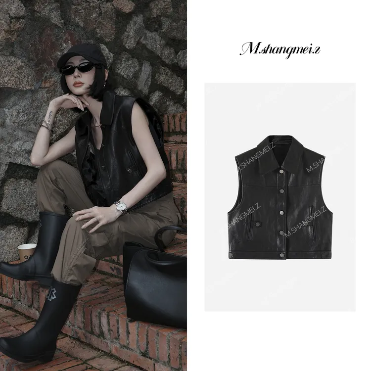 M.SHANGMEI.Z/沐熙【流光马甲】美大哥全植鞣翻领皮衣马夹X072704