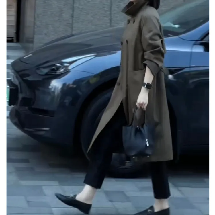 68新款女式中长款宽松显瘦翻领气质风衣外套