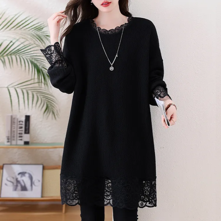 大码时尚设计感针织拼接蕾丝钩花T恤女秋冬季宽松中长款洋气上衣