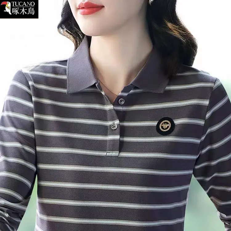 啄木鸟新款洋气显瘦POLO衫上衣春秋季长袖条纹纽扣翻领休闲T恤女