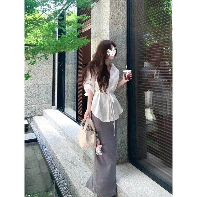 早秋新款宽松百搭简约老钱风衬衫~条纹直筒长款半身裙 Y3378