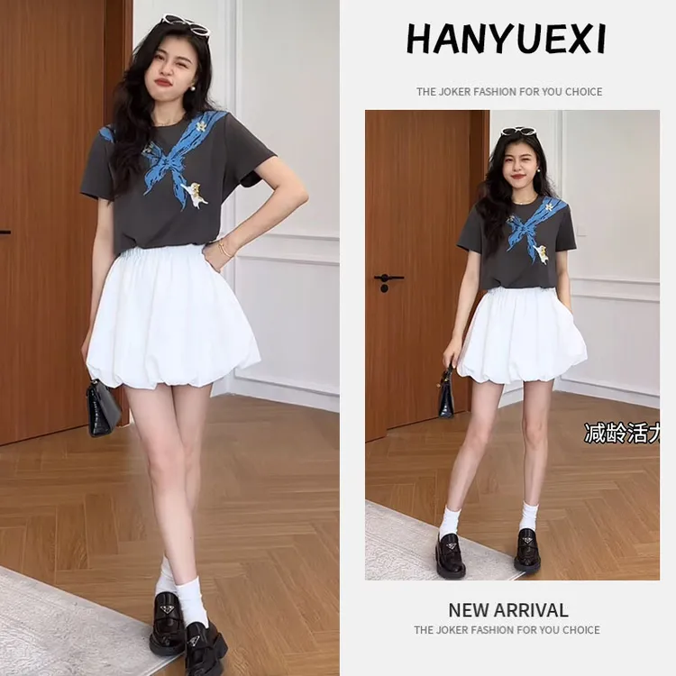 今年流行穿搭一整套2025新款可爱印花短袖上衣花苞短裙时尚两件套