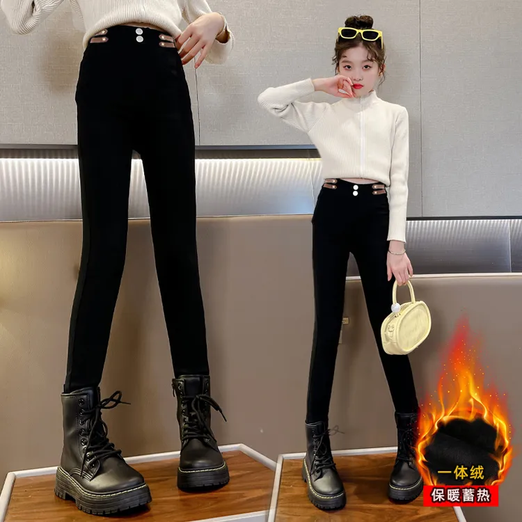 女童牛仔裤秋冬款大童紧身加绒加厚一体绒小脚裤修身冬季儿童裤子