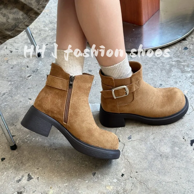 小个子增高复古烟筒靴女2025秋冬新款厚底显瘦英伦短靴绒面马丁靴