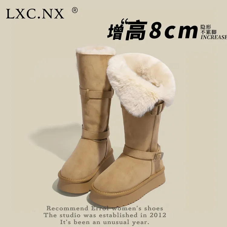 8CM千颂伊同款驼色雪地靴女冬季长筒加绒加厚保暖高筒厚底棉鞋